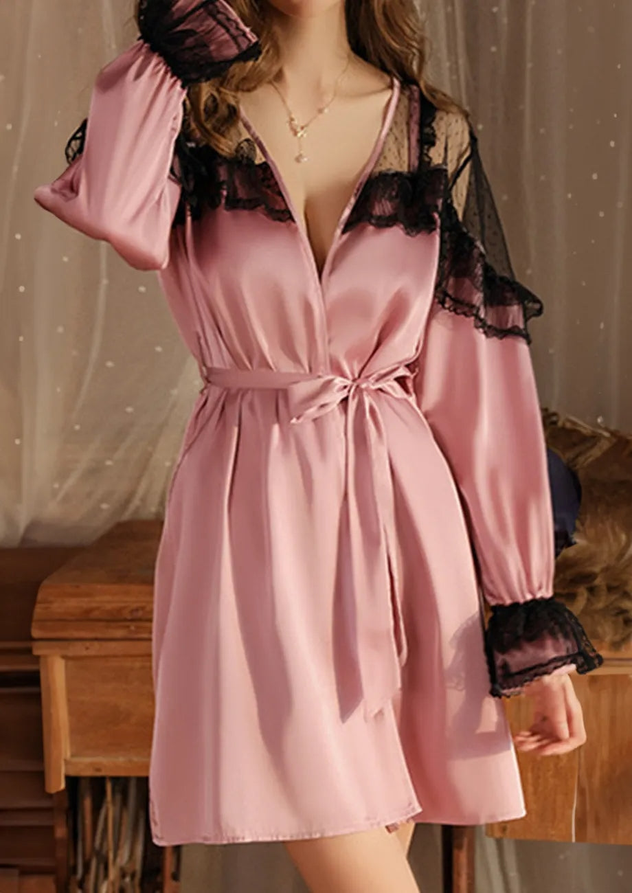 Pink Contrast Lace-detail Night Robe