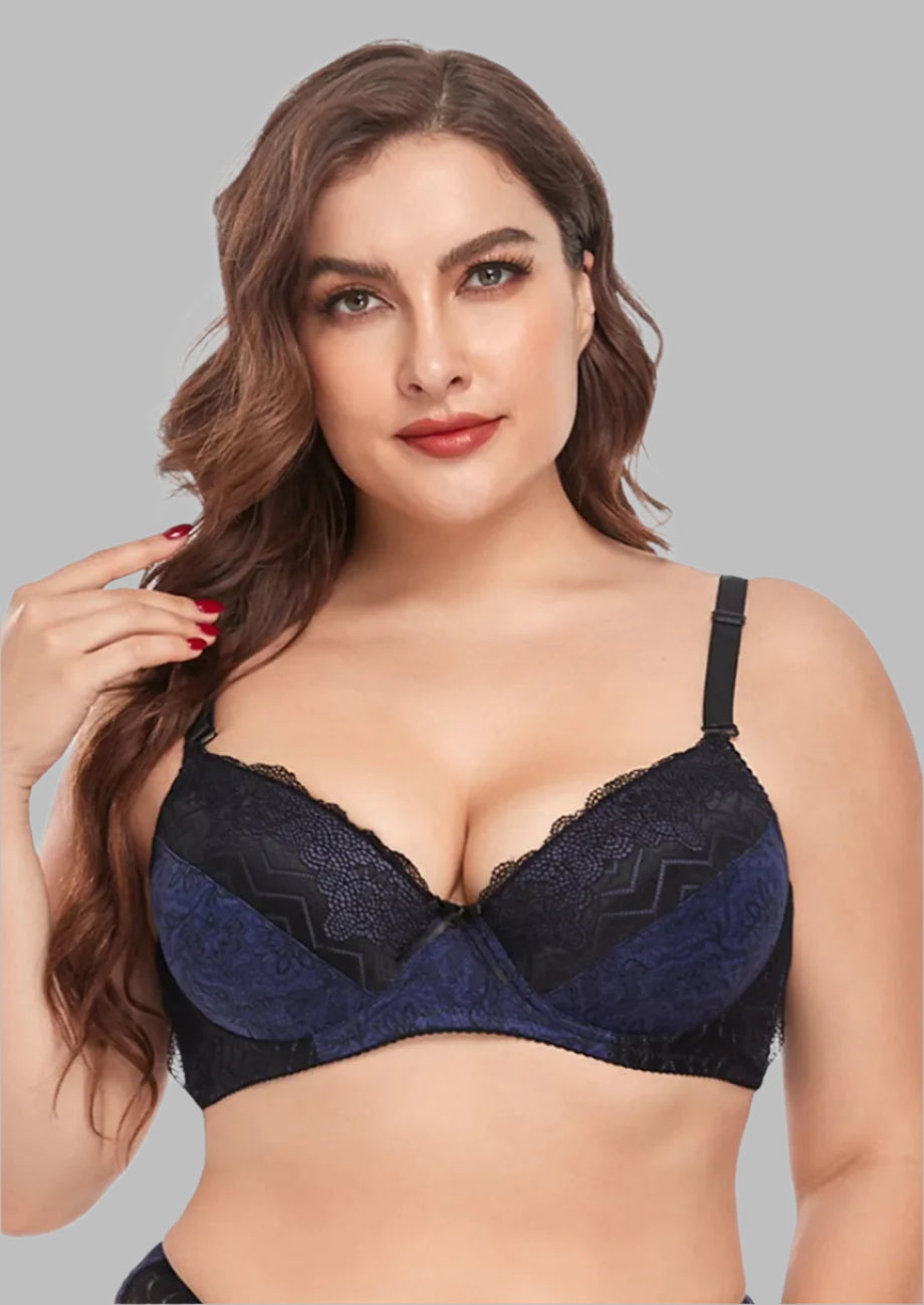 Plus Size Padded Blue Contrast Lace Bra