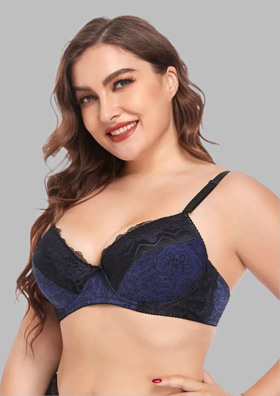 Plus Size Padded Blue Contrast Lace Bra