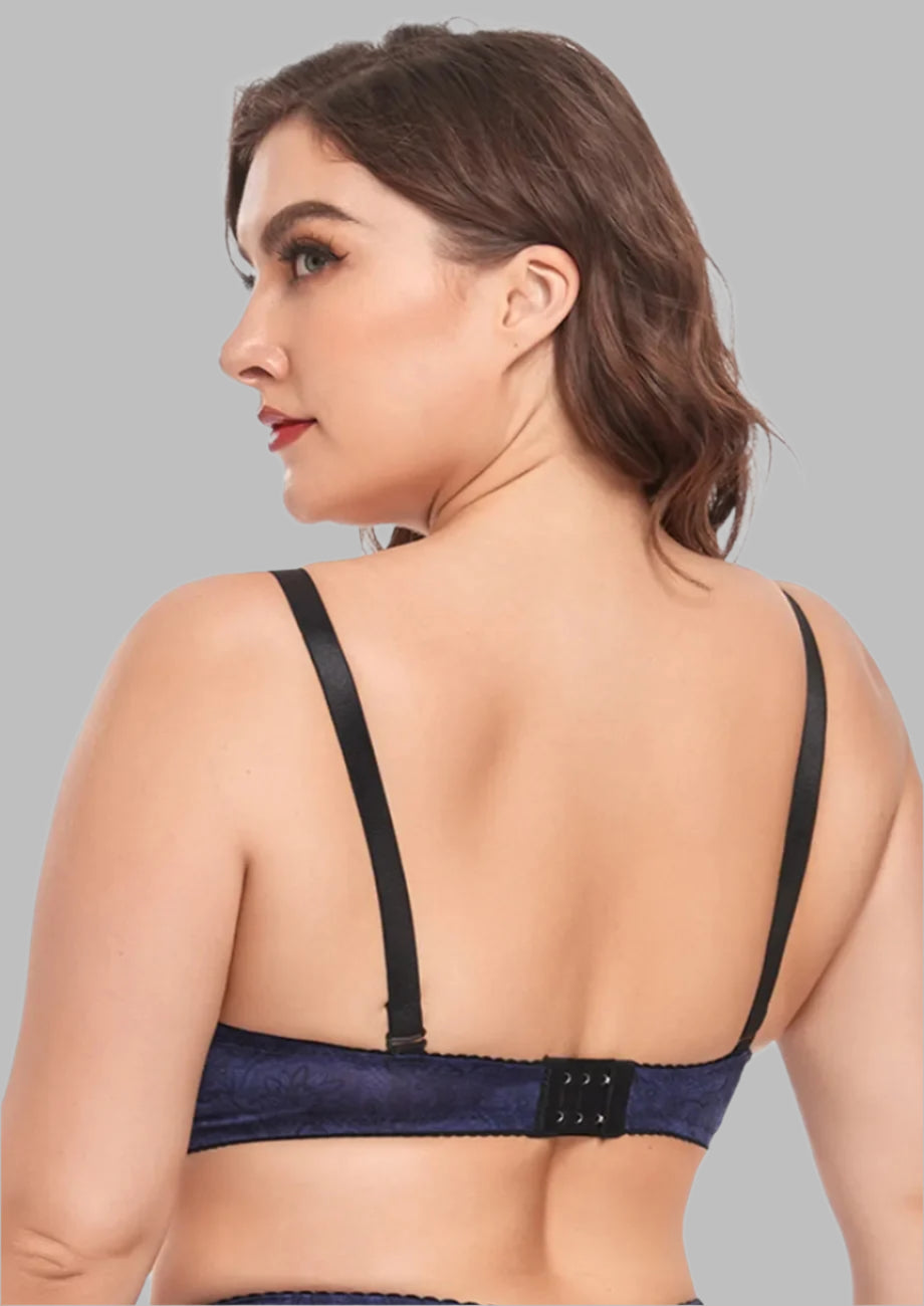 Plus Size Padded Blue Contrast Lace Bra