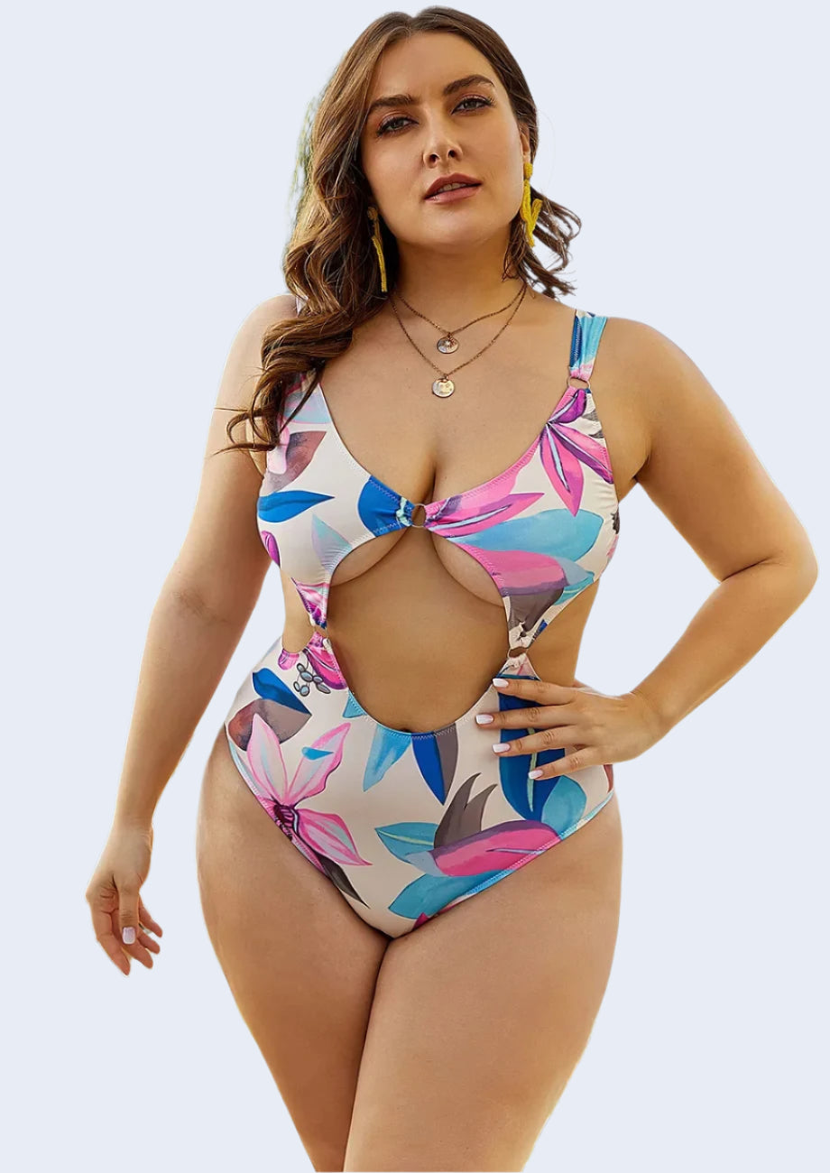 Multicolour Plus Size Cut-out Printed Swimsuit