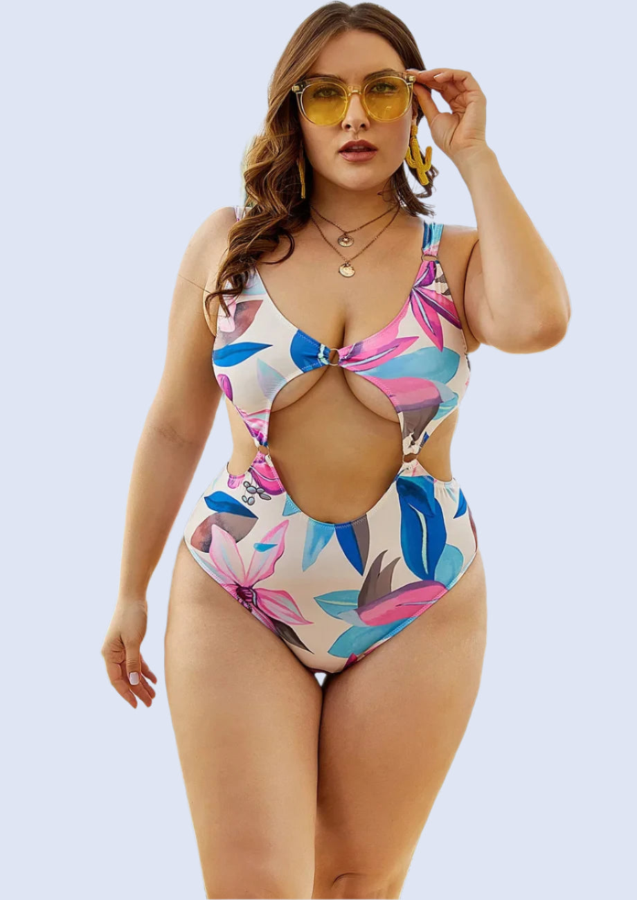 Multicolour Plus Size Cut-out Printed Swimsuit