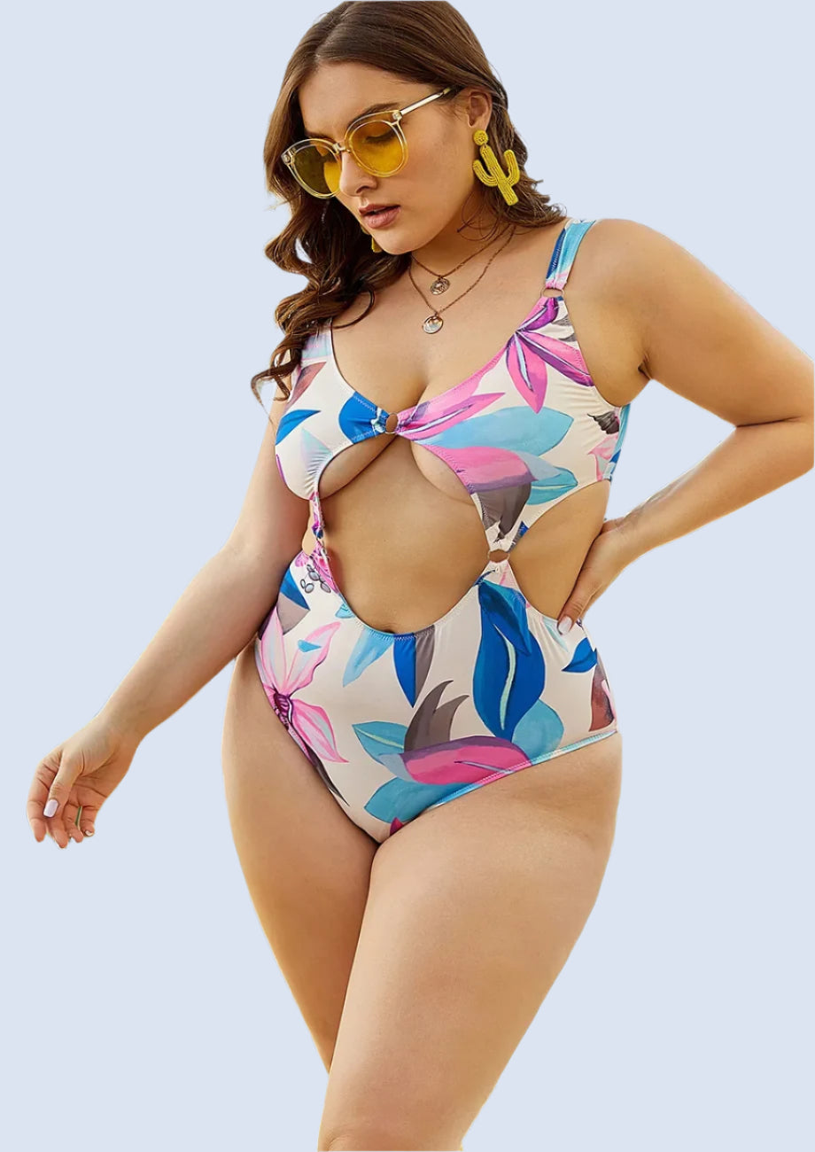 Multicolour Plus Size Cut-out Printed Swimsuit