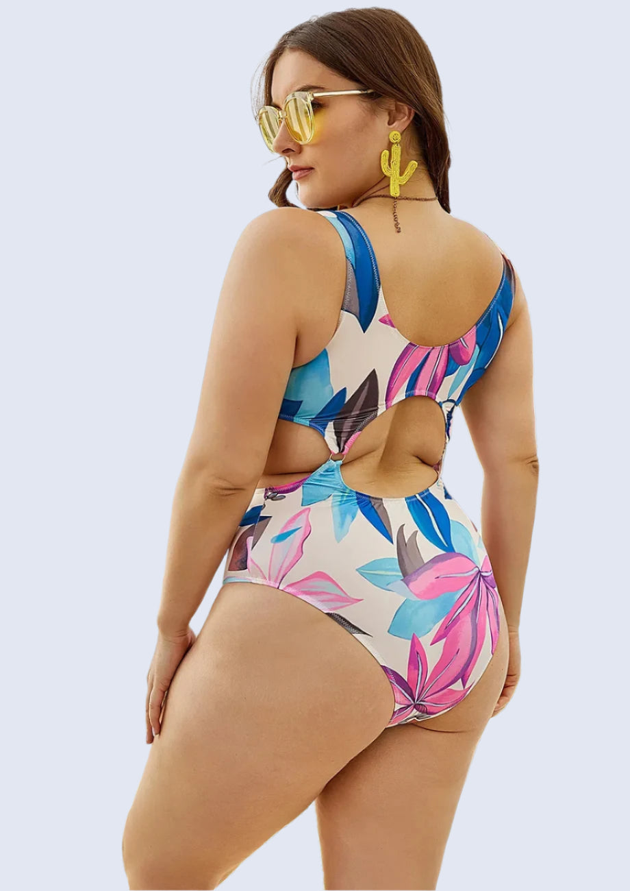 Multicolour Plus Size Cut-out Printed Swimsuit