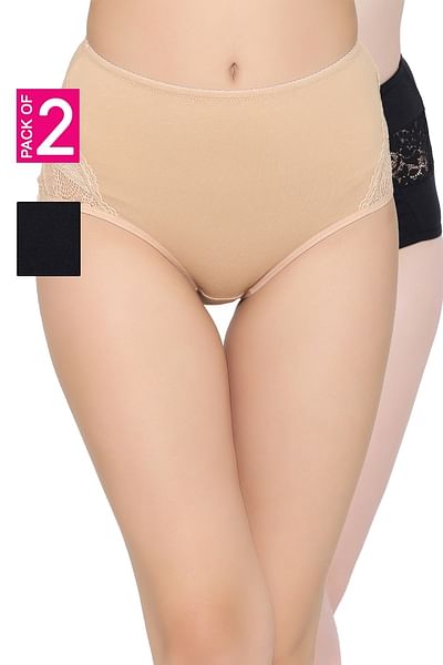 Pack of 2 High Waist Hipster Panties with Lace Panels- Cotton