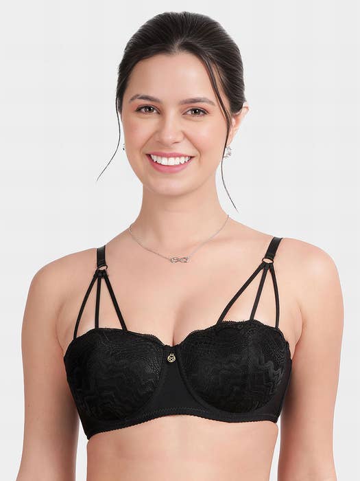 Susie Black Beauty Lace Decorative Front Strap Padded Wired Balconette Bra